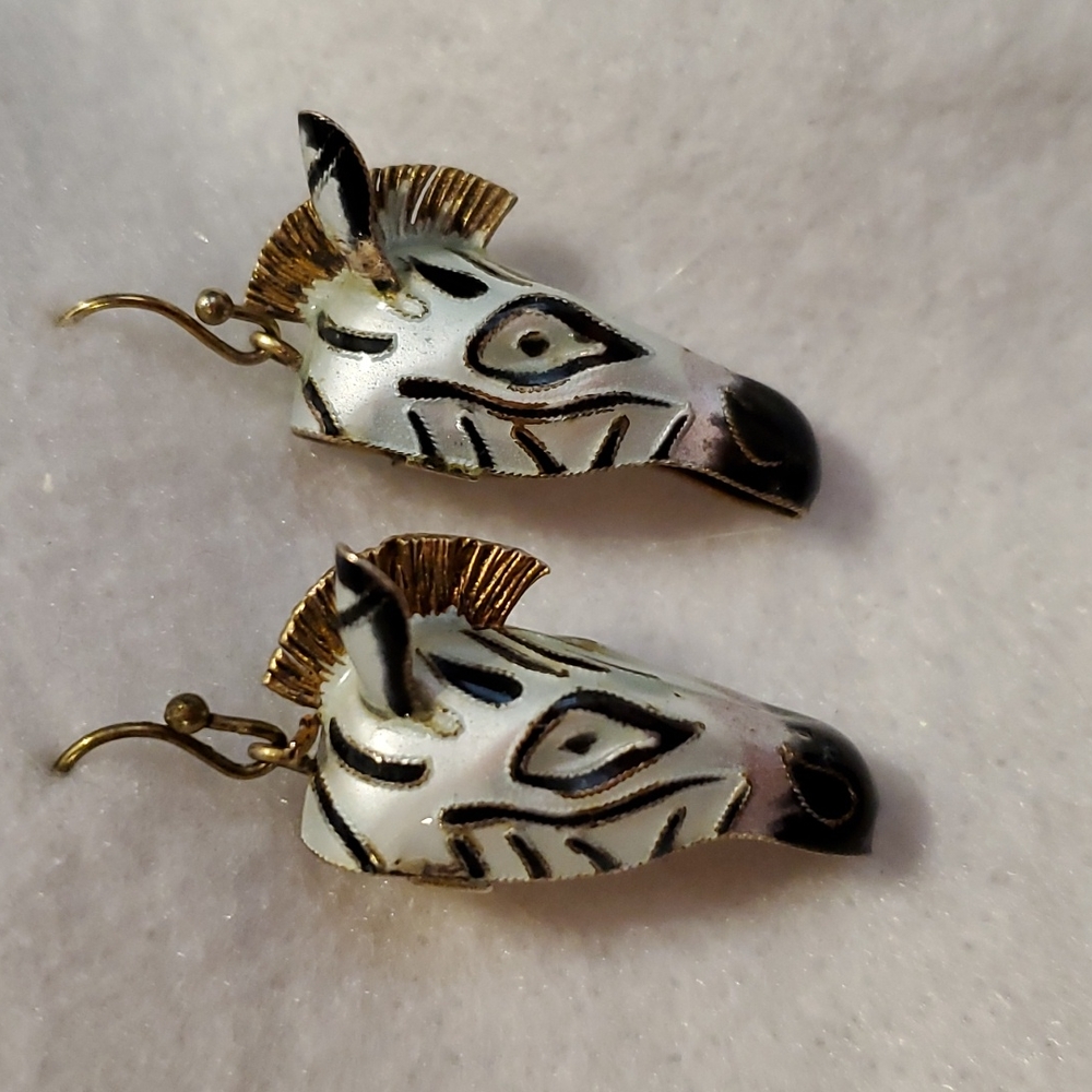 1" Zebra Head Dangle Wire Earrings-S925 Stamp-Gold over Sterling Silver-Enamel